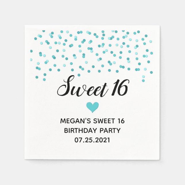 Turquoise Blue Confetti Sweet 16 Birthday Napkins (Front)