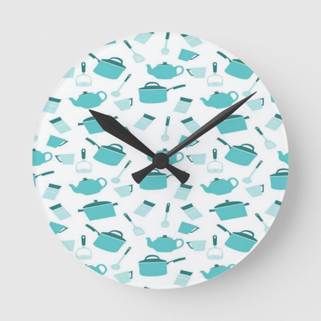 Turquoise Blue Cooking Kitchen Utensils Abstract Round Clock (Front)