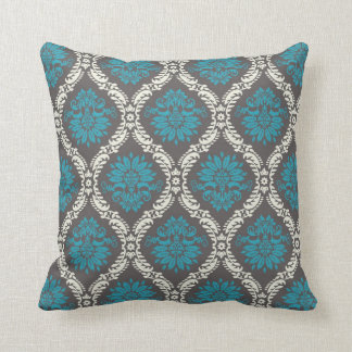 turquoise blue cream and brown lovely damask throw pillow