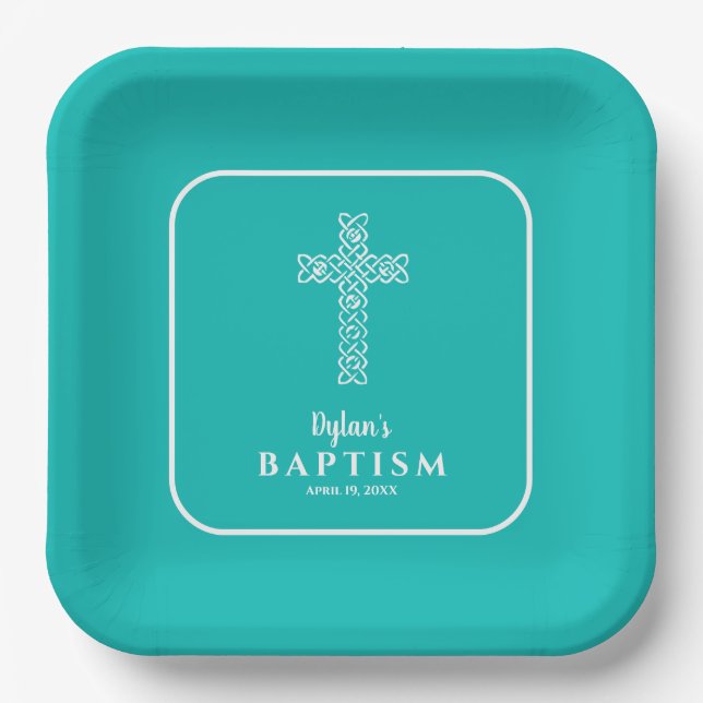 Turquoise Blue Cross Communion Baptism Christening Paper Plates (Front)