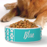 Turquoise blue cute paw print pattern Personalized Bowl<br><div class="desc">Cute paw prints pattern in white and turquoise blue colors. 🔹 You can personalize it with your dog's name, remove the text or customize further - change font and text color, rotate/resize/remove the images, add text and more! 🔹🔹🔹 Send me a photo of your purchase or just share it and...</div>