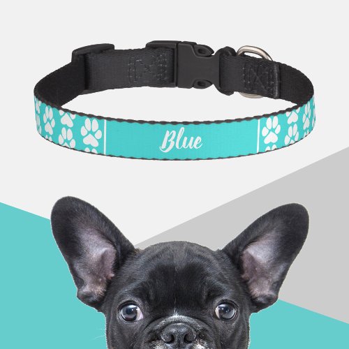 Turquoise blue cute paw print pattern Personalized Pet Collar