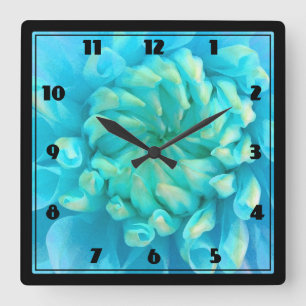 Turquoise Blue Dahlia Flower in Watercolor Square Wall Clock