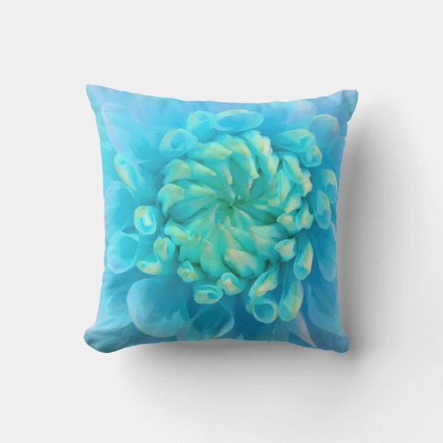 Turquoise Blue Dahlia Flower in Watercolor Throw Pillow (Front)