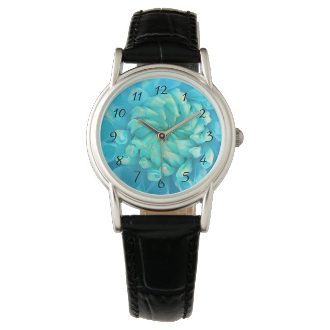 Turquoise Blue Dahlia Flower in Watercolor Watch (Front)