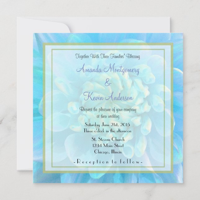 Turquoise Blue Dahlia Flower in Watercolor Wedding Invitation (Back)