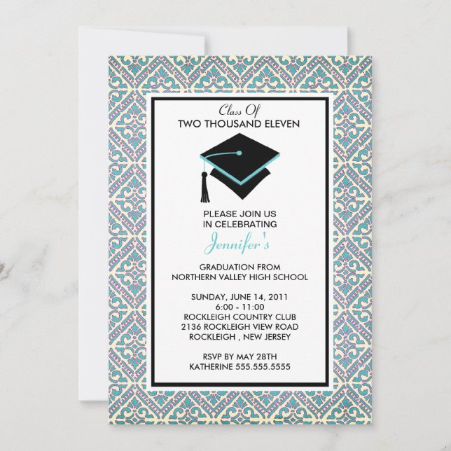 Turquoise Blue Damask Graduation Invitation (Front)