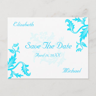 Turquoise Blue Damask Leaf Print Save The Date Announcement Postcard