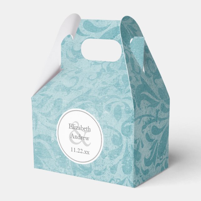 turquoise blue damask wedding table favor box (Front Side)