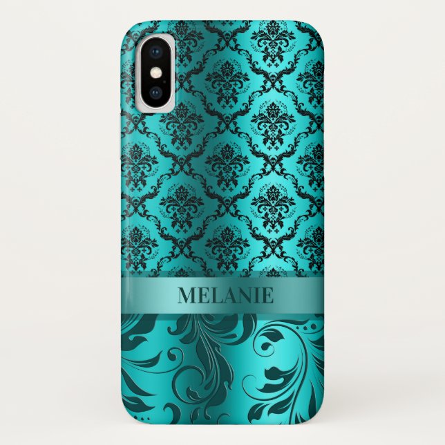 Turquoise Blue Damasks With Metallic Accent Case-Mate iPhone Case (Back)