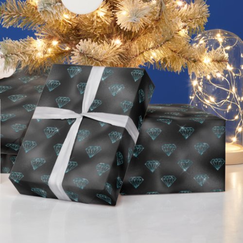 Turquoise Blue Diamonds on Black Wrapping Paper