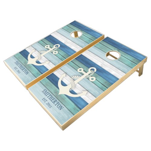 Turquoise Blue Distressed Wood Nautical Anchor Cornhole Set