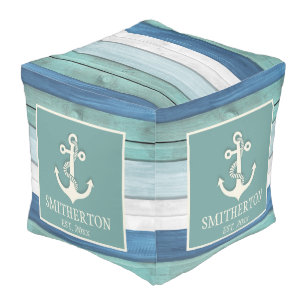 Turquoise Blue Distressed Wood Nautical Anchor Pouf