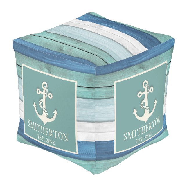 Turquoise Blue Distressed Wood Nautical Anchor Pouf (Angled Back)
