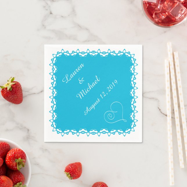 Turquoise Blue Doily Heart Personalized Paper Napkins (Insitu)
