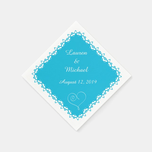 Turquoise Blue Doily Heart Personalized Paper Napkins (Corner)