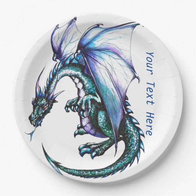 Turquoise blue Dragon Party Paper Products Paper Plates (Front)