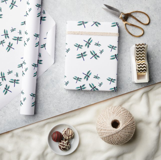 Turquoise Blue Dragonfly Patterned Wrapping Paper (Crafts)