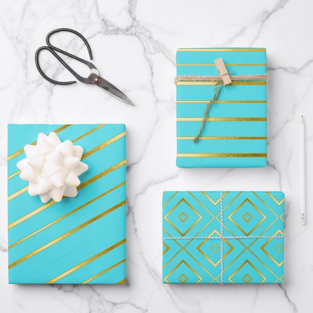 Turquoise Blue Elegant Gold-Striped  Wrapping Paper Sheets (Front)