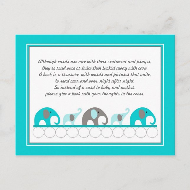 Turquoise blue Elephants Insert Book Baby Shower Invitation Postcard (Front)