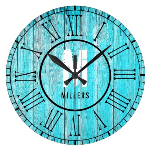 Turquoise Blue Family Monogram Weathered Wood Large Clock