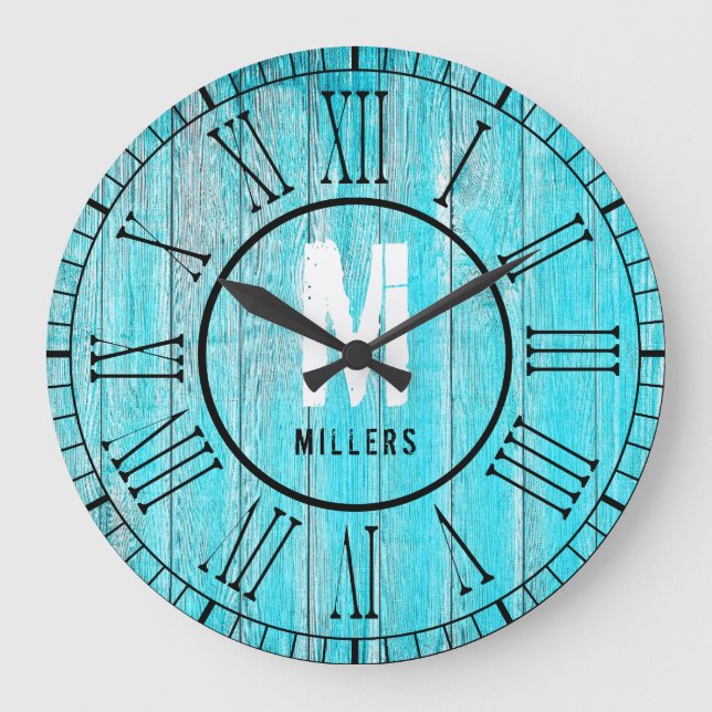 Turquoise Blue Family Monogram Weathered Wood Large Clock (Front)