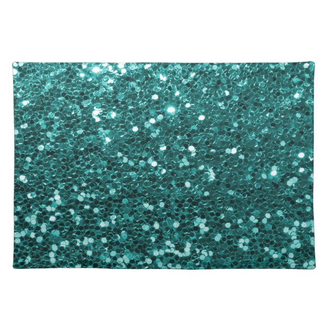 Turquoise Blue Faux Glitter Print Aqua Teal Cloth Placemat (Front)