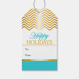 Turquoise Blue Faux Gold Chevron Christmas Tags