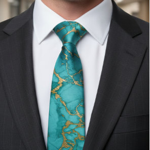 Turquoise blue Faux Gold Foil Marble Stone Rock Tie