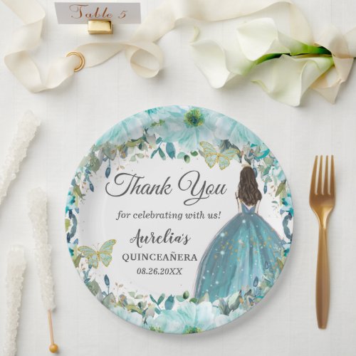 Turquoise Blue Floral Butterflies Gold Princess Paper Plates