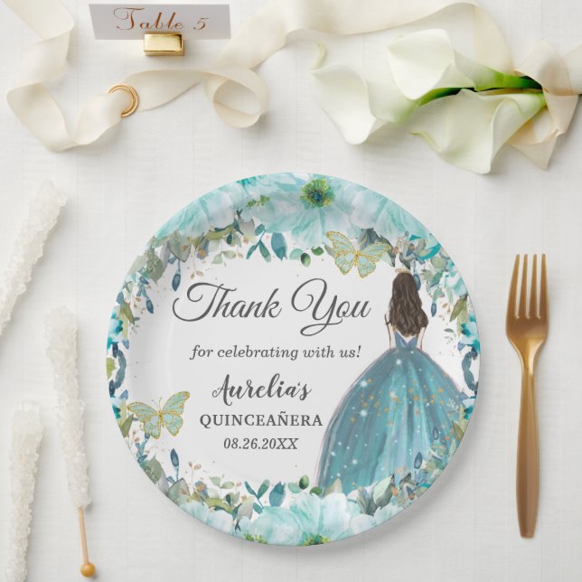 Turquoise Blue Floral Butterflies Gold Princess Paper Plates (Wedding)
