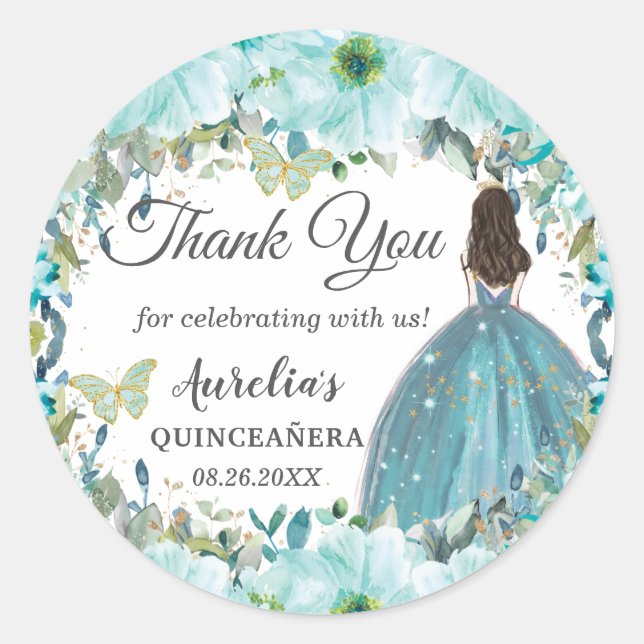 Turquoise Blue Floral Butterflies Princess Favor Classic Round Sticker (Front)