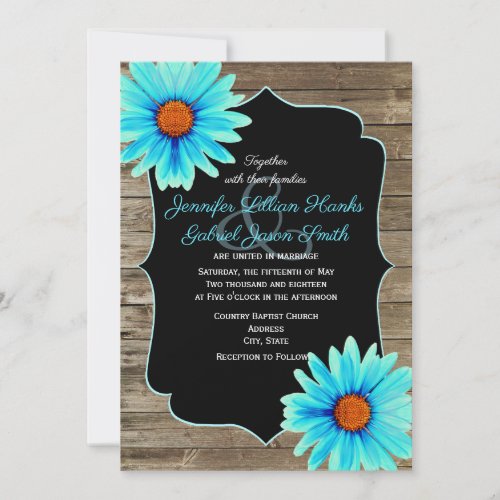 Turquoise Blue floral chalkboard wood wedding Invitation