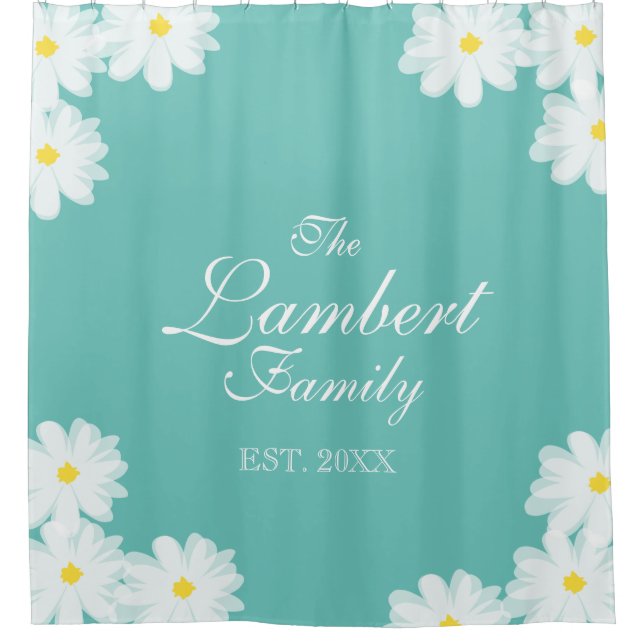 Turquoise blue floral daisy flower shower curtain (Front)