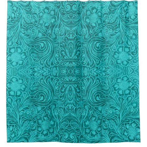 Turquoise Blue Floral Design Leather Texture Print Shower Curtain