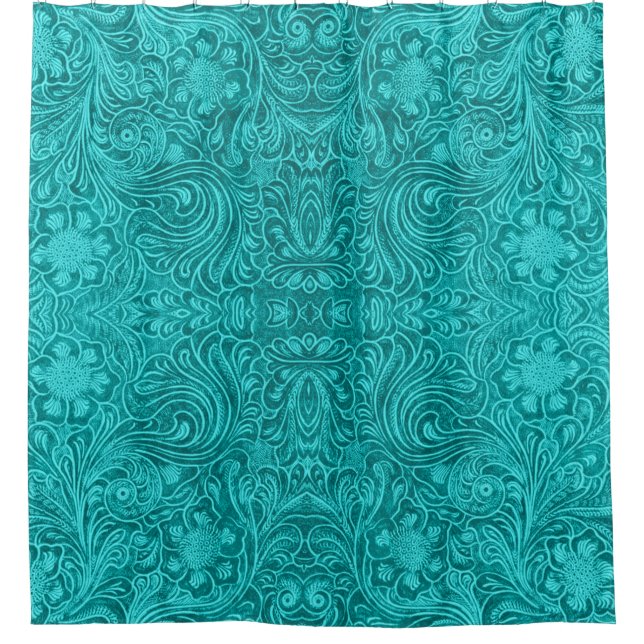 Turquoise Blue Floral Design Leather Texture Print Shower Curtain (Front)
