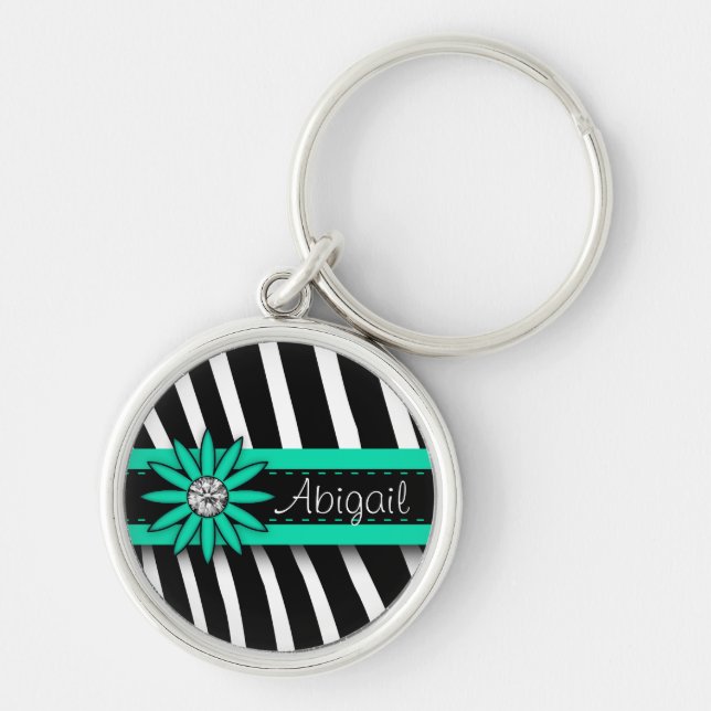 Turquoise Blue Floral Gem & Zebra Pattern Keychain (Front)