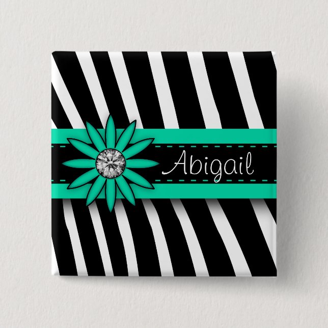 Turquoise Blue Floral Gem & Zebra Pattern Pinback Button (Front)