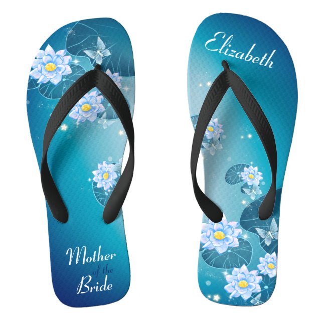 Turquoise Blue Floral Lotus Pattern Wedding Flip Flops (Footbed)
