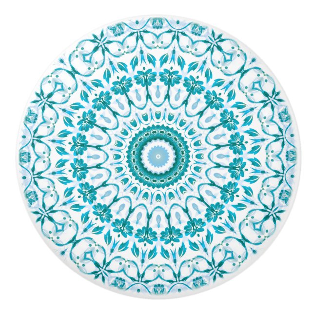 Turquoise Blue Floral Mandala Ceramic Knob (Front)