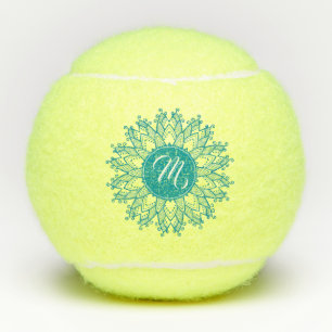 Turquoise-Blue Floral Mandala Monogrammed Tennis Balls