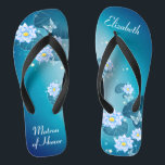 Turquoise Blue Floral Pattern Matron of Honor Flip Flops<br><div class="desc">This pretty something blue features elegant lotus flowers on the turquoise blue gradient background. Add your wording to easily make your own beautiful wedding flip flops, to add a stylish dose of glam to your wedding day, bachelorette party, or other celebration. ♥Customize it with your wording by using the template fields. ♥ If...</div>