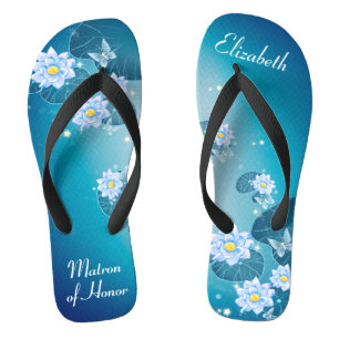 Turquoise Blue Floral Pattern Matron of Honor Flip Flops