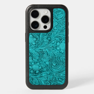 Turquoise-blue floral pattern suede leather look iPhone 15 pro case