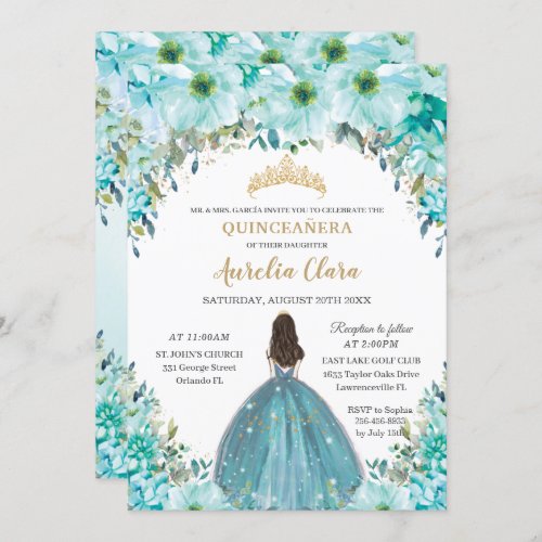 Turquoise Blue Floral Princess Crown Quinceaera Invitation