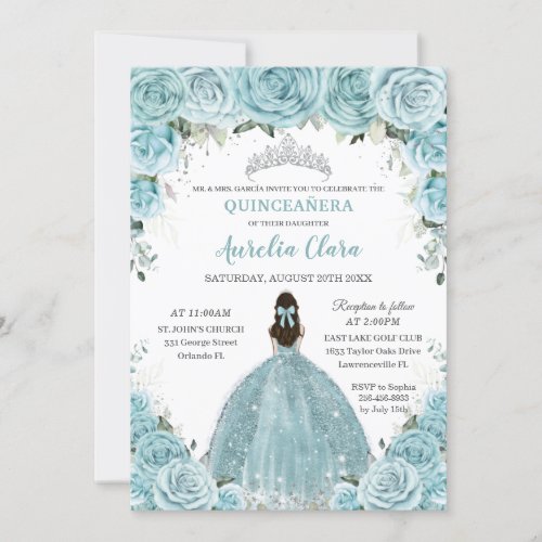 Turquoise Blue Floral Princess Silver Quinceaera Invitation