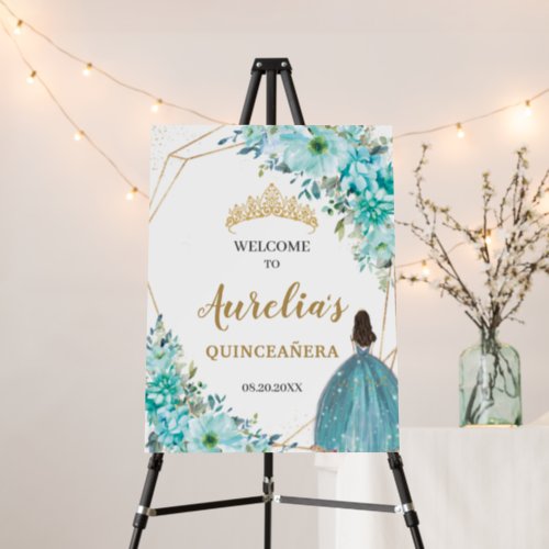 Turquoise Blue Floral Quinceaera Birthday Welcome Foam Board