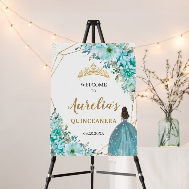 Turquoise Blue Floral Quinceañera Birthday Welcome Foam Board (In Situ (Stand))