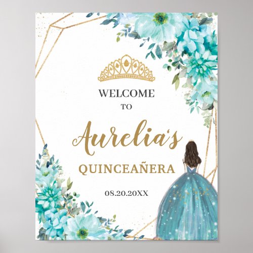 Turquoise Blue Floral Quinceaera Birthday Welcome Poster