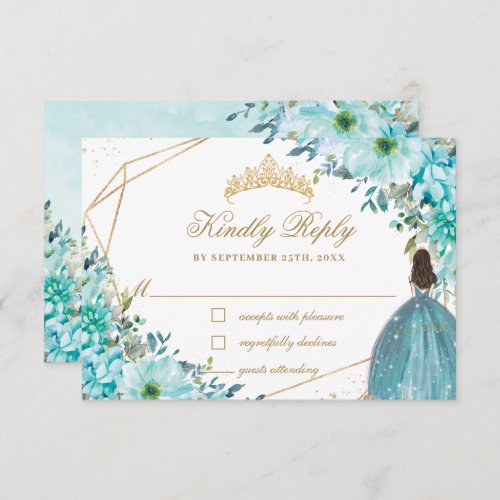 Turquoise Blue Floral Quinceaera Gold Princess RSVP Card